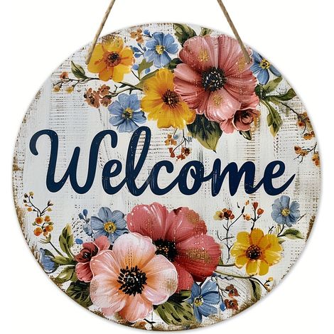 Panneau Bienvenue - Couronne Florale Ronde en Bois Reconstitué - Décoration Murale Intérieure Extérieure - Style Ferme - 1 Pièce (1/5)