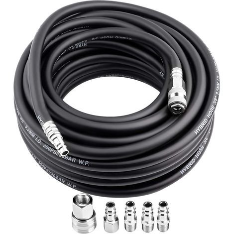Ej.Life Kompressoren Schlauch, 15M Gummi Druckluftschlauch, mit 5-tlg 1/4'' europäische Schnellkupplung, 300 PSI Normaler Betriebsdruck (1/5)
