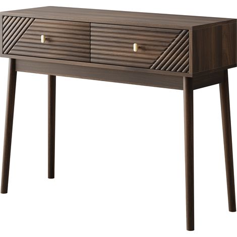 Konsolentisch mit 2 Schubladen, Mid-Century-Stil, fuer Wohnzimmer und Flur, aus MDF und Spanplatte, Walnuss (1/4)