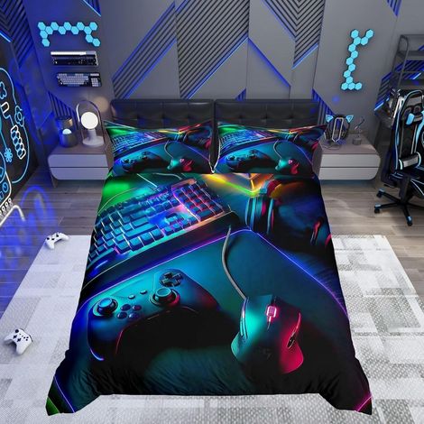 Ensemble de Literie Gaming 220x240,Housse de Couette Casque Souris Clavier Manette de Jeu Motif pour Enfants Filles Garçons,Parure de Lit Sur Le Thème Du Joueur Décoration de Salle de Jeux 3 Pièce (1/5)