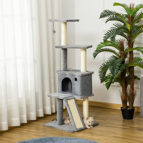 Arbre à chat à plusieurs niveaux avec maisonnette, échelle, boule et poteaux en sisal. 48 x 48 x 125 cm. Gris. (1/5)