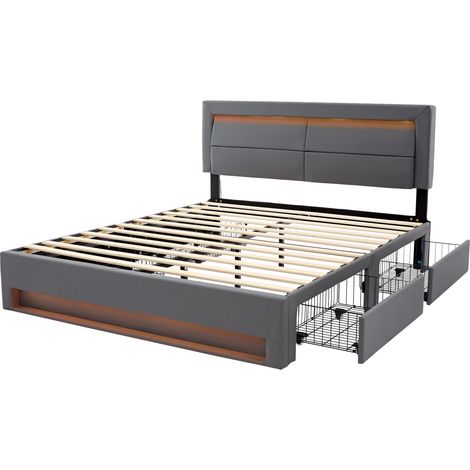 Letto capitonné 140 x 190 cm grigio in PU con USB, LED e 4 cassetti HOMVRA (1/5)