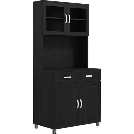 Buffet haut cuisine 4 portes, armoire avec tiroir, plan de travail, étagères ajustables, 80x48x170cm, noir (1/5)