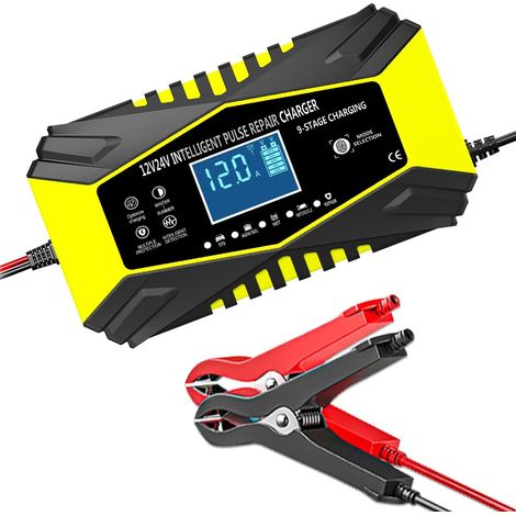 Chargeur de batterie de voiture 12 A, chargeur de maintien de charge intelligent et entièrement automatique 12 V et 24 V avec compensation de température (jaune) (1/5)