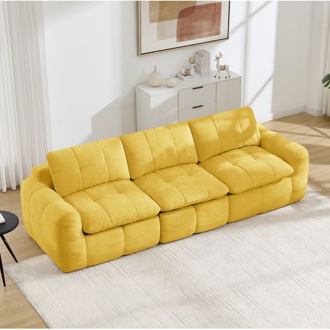 Sofá modular de 3 plazas en chenilla amarillo, espuma de alta densidad 32D, asiento de 54 cm, diseño acolchado (1/5)