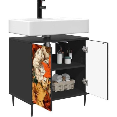 Meuble de salle de bain avec lavabo, 60 cm, chêne noir, rangement mural moderne, design suspendu, 40 x 61 cm (1/5)