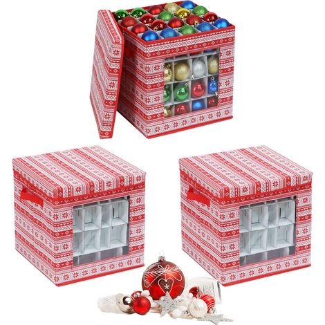 Relaxdays scatola porta palline Natale, set 3, HxLxP 33x33x33 cm, Vlies/cartone, rosso/bianco