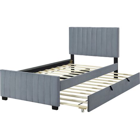 Cama tapizada 90 x 190 cm con cama nido, terciopelo gris, somier de láminas (1/5)