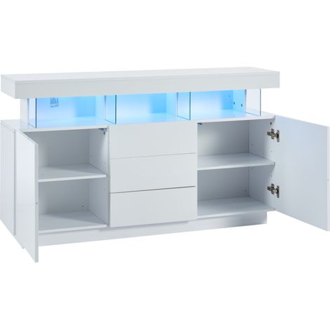 Credenza bianco lucido 140 x 35 x 80 cm con LED 16 colori e 3 cassetti (1/5)
