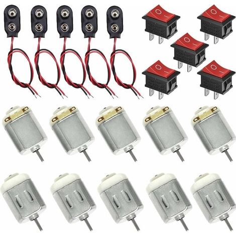 10 pièces mini moteur électrique 130 micro moteur DC 1,5 V-6 V 20 000 tr/min, 5 pièces mini interrupteur de bateau + 5 pièces connexion clip de batterie 9 V pour Arduino DIY (1/5)