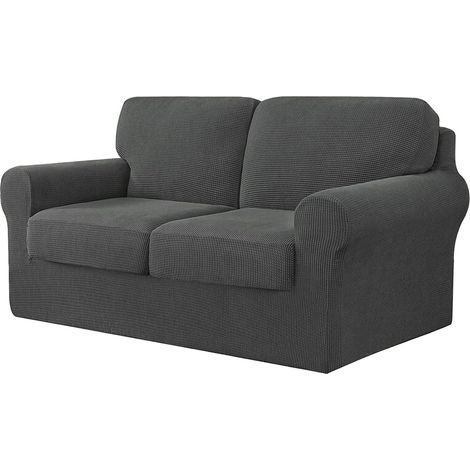 5-Piece Stretch Sofa Cover, with Separate Backrests and Cushions with Elastic Band, Jacquard Elastane Check Fabric (Dark Grey) (1/5)