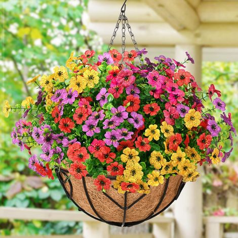 1 panier de fleurs artificielles suspendues, fausses marguerites en soie, plantes artificielles avec pots pour décoration de jardin extérieur (1/5)