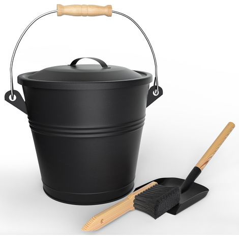 VOUNOT® Secchio per Cenere in Metallo con Coperchio, Paletta e Scopino, Secchio per Cenere Camino, Capacità 5L, Nero (1/5)
