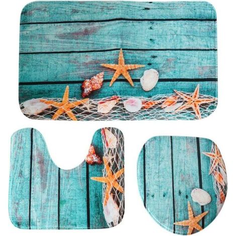 (Set of 3) Sea Shell Bath Mat Summer Holiday Bathroom Cushion Cover Non-Slip Toilet Rug Starfish Floor Set