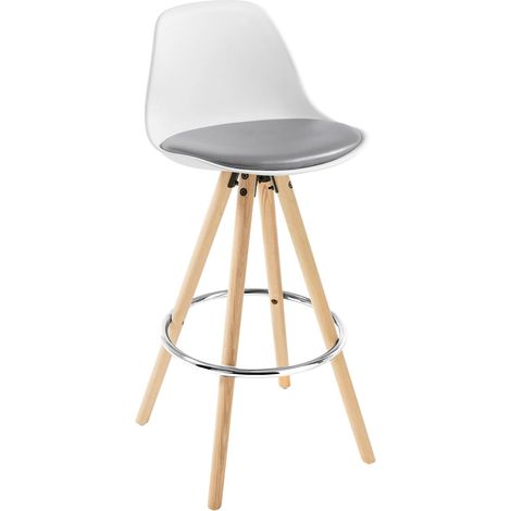 WOLTU 1X Taburete de Bar con Respaldo Marco de Madera Maciza Muebles Cocina Taburete Alto para Cocina Bar, Cuero Sintético, Gris Blanco