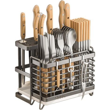 Porte-ustensiles de cuisine en acier inoxydable – Organiseur triple avec égouttoir – Fixation murale sans perçage – Support amovible pour couverts et ustensiles (Gris) (1/3)