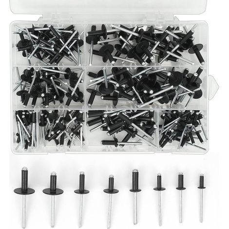 200 remaches ciegos de aluminio, 3,2 x 8 mm, 3,2 x 10 mm, 4 x 10 mm, 4 x 14 mm, 4,8 x 14 mm, 4,8 x 18 mm, kit surtido de remaches negros de 8 tamaños para metal, madera y plástico. (1/5)