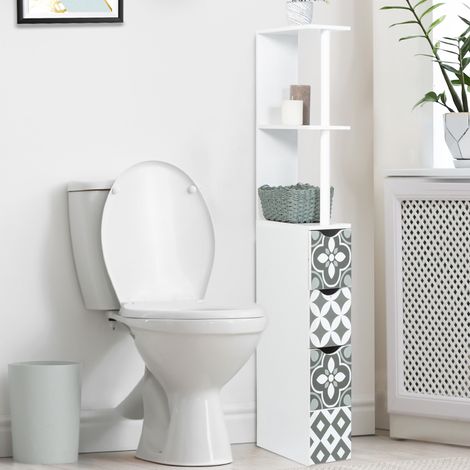 Mueble WC WILLY de 3 puertas con baldosas de cemento blanco y gris y estantes de madera (1/4)