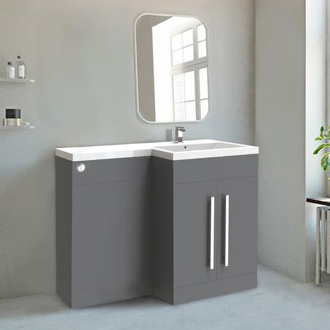 L Shape Bathroom Furniture Cabinet Combination Vanity Unit Basin Right Hand Gloss Grey (1/5)