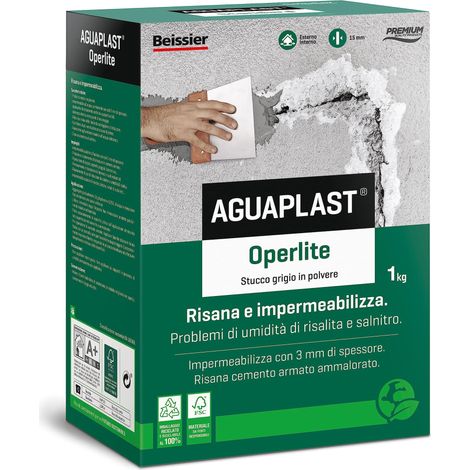 AGUAPLAST Operlite stucco risanante contro umidità e salnitro, 1kg - Stucco, intonaco colore grigio chiaro