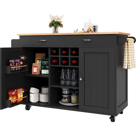 Îlot de cuisine moderne (102×45×92cm), meuble buffet avec tiroirs, desserte roulante en bois grainé, table multifonctionnelle avec rangement, noire (1/5)