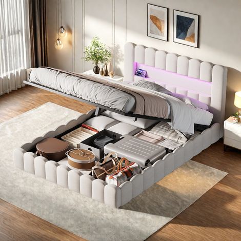 Lit double rembourré 160 x 200 avec sommier à latte - Lit adulte avec bande lumineuse LED réglable - Tête de Lit à Rayures - Ports USB et Type-C - Lin Beige