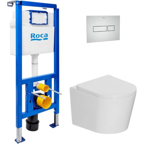 Pack WC con bastidor Roca + WC suspendido sin brida Ceramia con tapa SoftClose + placa (ROCE14WT05-IN)