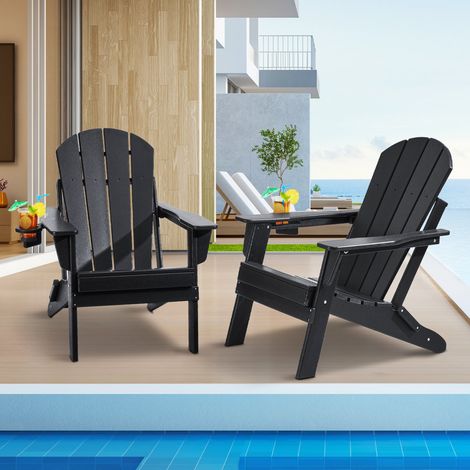 Chaise Adirondack en Plastique, Lot de 2, Fauteuil de Jardin Pliant Portable, Charge 181,4 kg, avec Porte-Gobelet, Accoudoir Relaxant, pour Toutes Saisons, Extérieur, Patio, Arrière-Cour, Noir (1/5)