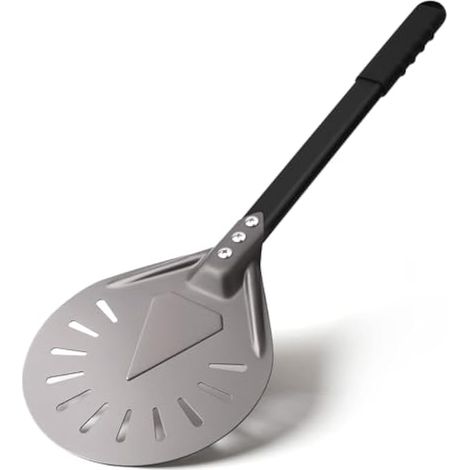 Pelle à pizza ronde en aluminium perforé de 22,9 cm avec poignée en métal pour four à pizza fait maison (1/5)