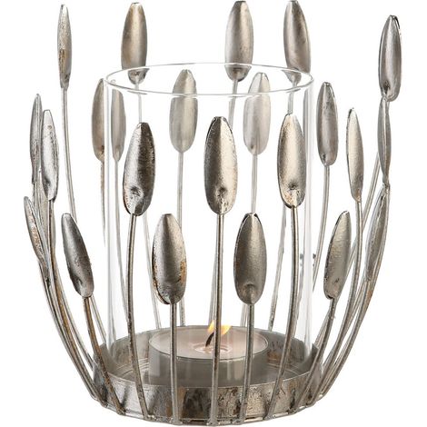 GILDE Windlicht, "Trevi", Blattmotiv, Metall, silberfarben, VE 2, H. 15 cm, D. 10 cm (1/5)