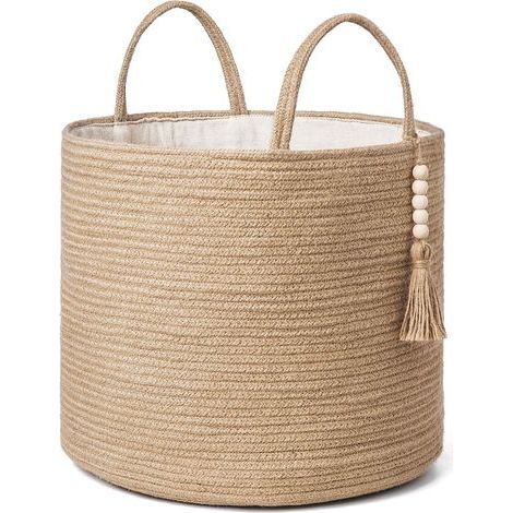 Panier de rangement tressé, jaune chanvre, 1 pièce, 282828cm, décoré de corde naturelle, pour le salon et la décoration intérieure. (1/5)