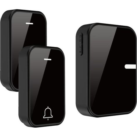 Sonnette sans fil, étanche, pour l'extérieur et l'intérieur, sans pile, 2 émetteur, 1 récepteur, portée 150 m (noir) (1/4)