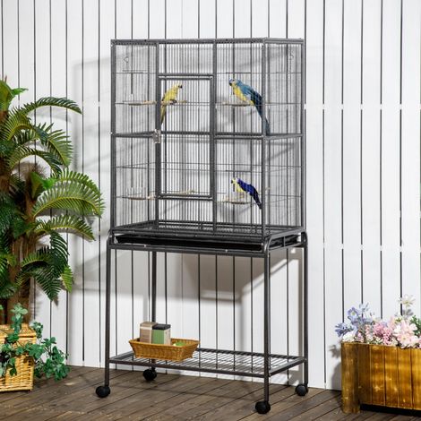 Gabbia per uccelli con ruote, voliera in metallo con posatoi, mangiatoie e ripiano, 81x48x162,5 cm, nero e grigio