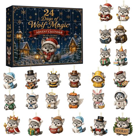 Weihnachts-Adventskalender 2026 mit niedlichen Wolfsfiguren – 24 flache Acryl-Anhänger – ein toller Countdown bis Weihnachten und ein originelles Geschenk für Tierliebhaber (1/5)