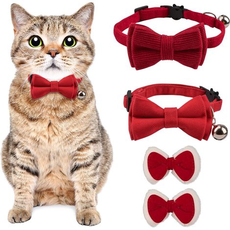 Lot de 2 colliers pour chat avec cloche et nœud papillon, colliers réglables en fibre de polyester pour chat, nœud papillon de sécurité, collier solide pour mariage, Noël, nœud papillon rouge, (1/5)