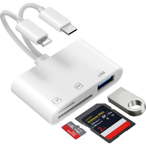 Lecteurs Carte SD USB C Lightning, Adaptateur Carte SD USB C pour Carte SD/Micro SD/USB 3 en 1, Lecteurs de Cartes Mémoire pour iPhone 16 15 iPad Samsung Caméra (1/5)