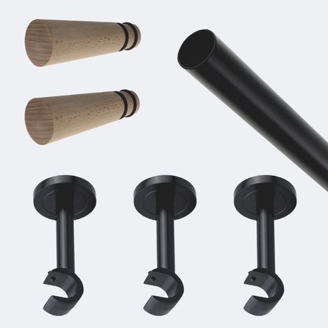 Kit de tringle à rideaux Noir Mat 250cm Diam.20mm Embout Cône Bois - Fixation Mur - Boulet (1/3)