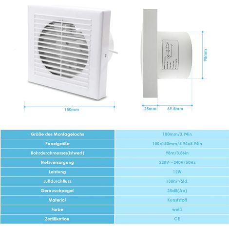 Ventilateur de salle de bain Wolketon, mural, silencieux, blanc, 100 mm, avec déflecteur anti-retour (1/5)