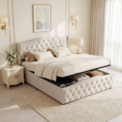 Polsterbett mit Bettkasten 140x190 cm aus Samt mit wellenförmigem, gestepptem Kopfteil und Nieten - Modernes Designer-Bett für Erwachsene mit Lattenrost - Beige (1/5)
