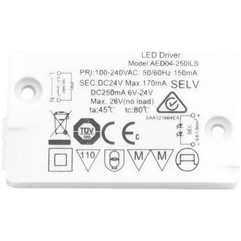 Robusto trasformatore LED in plastica da 24 V 4 W per armadi e strisce LED.