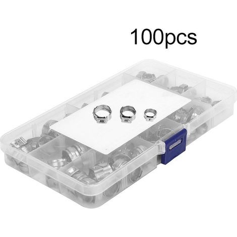 1. Lot de 100 colliers de serrage en acier inoxydable à une patte, non filetés, pour divers types de tuyaux. 2. Lot de 100 colliers de serrage à visser en acier inoxydable à une patte, sans fixations. (1/4)