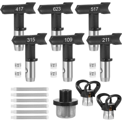 6-teiliges Wendedüsen-Set für Airless-Spritzgeräte – Hochdruckdüsen-Set (109/211/315/417/517/623) – Kompatibel mit Airless-Farbspritzgeräten für Haus, Garten und Zäune (1/4)