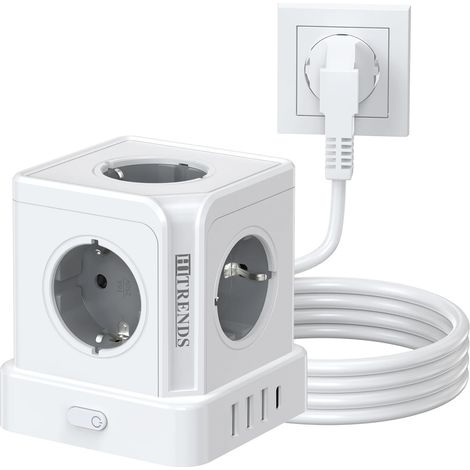 Multiprise multifonctionnelle 9 en 1 : 5 ports CA + 3 ports USB-A + 1 port USB-C, protection contre les surtensions et les courts-circuits. (1/5)