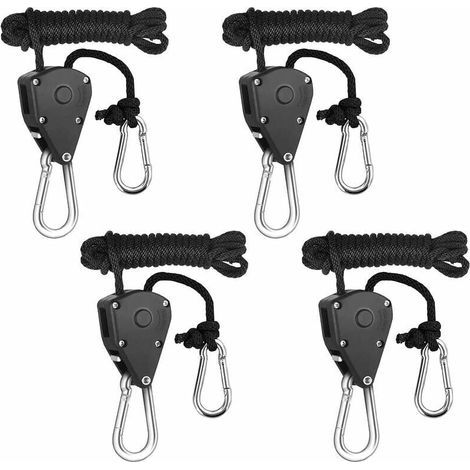 Lot de 4 poulies à cliquet robustes pour corde de suspension réglable poulie de levage lanière corde cintre kayak et canoë bateau arc corde serrure sangle d'arrimage, longueur de corde 2 mètr (1/4)