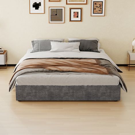 DESMIU Lit adulte 160 × 200 cm 2 places en tissu et métal, cadre de lit avec structure stable, sans matelas (1/4)