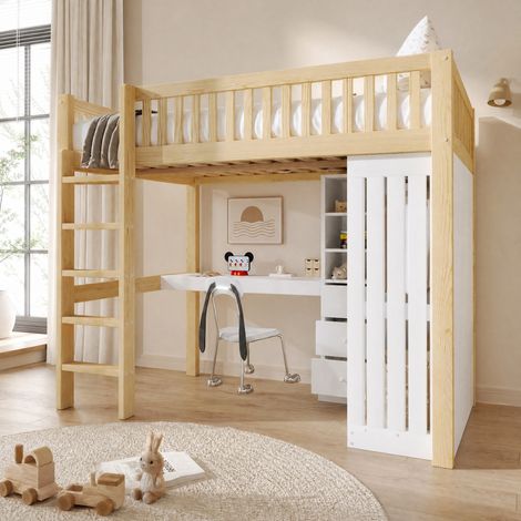 Lit mezzanine 140x200 cm avec bureau, armoire, 3 tiroirs et escalier, naturel, OKWISH (1/5)