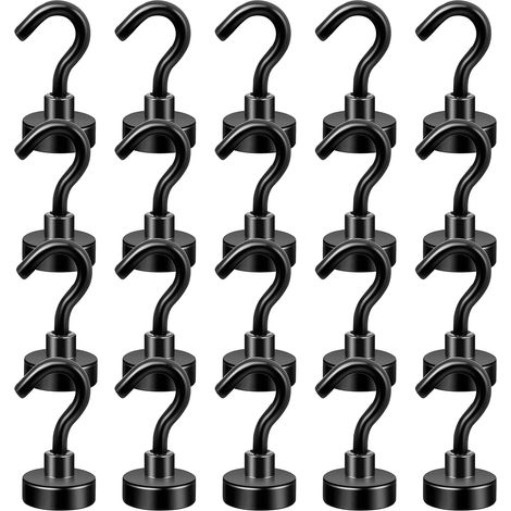 Lot de 20 crochets magnétiques noirs de 10 kg + aimants robustes avec crochet pour réfrigérateur, crochet de croisière super fort pour accrocher (1/5)