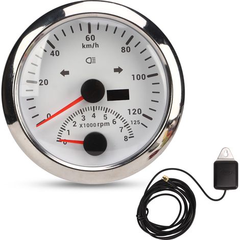 Compteur de vitesse GPS avec tachymètre 8000 tr/min 85mm 3 3/8 pouces lumière d'indiction pour véhicule ATV marin cadran blanc lunette argentée. (1/5)
