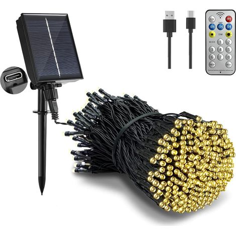 Solar-Lichtergirlande für den Außenbereich, 22 m, 200 LEDs, Solar-Girlande mit Fernbedienung, 8 Modi, wasserdicht, Dekoration für Garten, Terrasse, Balkon (warmweiß) (1/5)