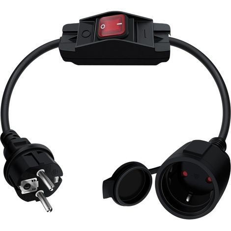 Cable D'extension Schuko avec Interrupteur 16A 250V Rallonge électrique Courte Schuko,Câble Court 2 AC Prise IP44 pour Une Utilisation Extérieure ou Intérieure, à La Maison, Au Bureau (0.5)